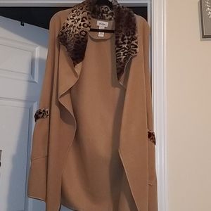 Tan shawl with faux leopard trim